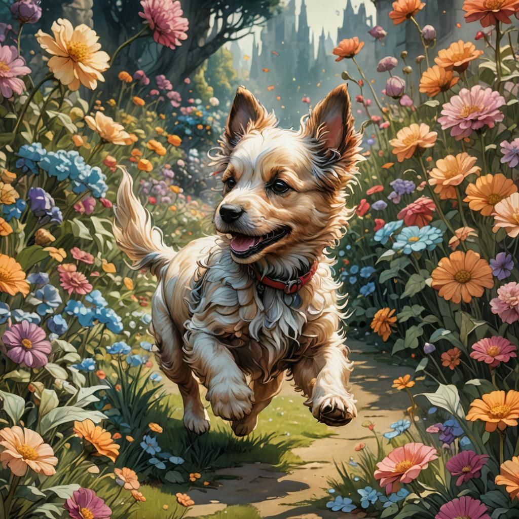 Playful Puppy in Whimsical Fantasy Garden