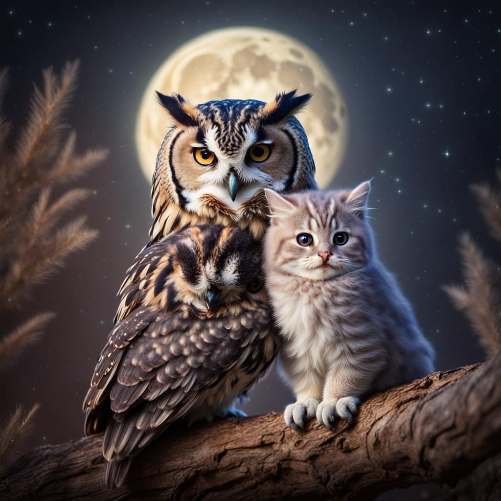 Owl and Kitten Cuddle Under Full Moon