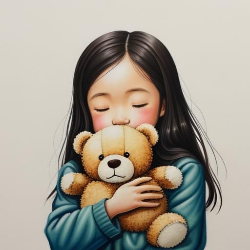 Cute Girl Hugging Teddy Bear in Gouache Style