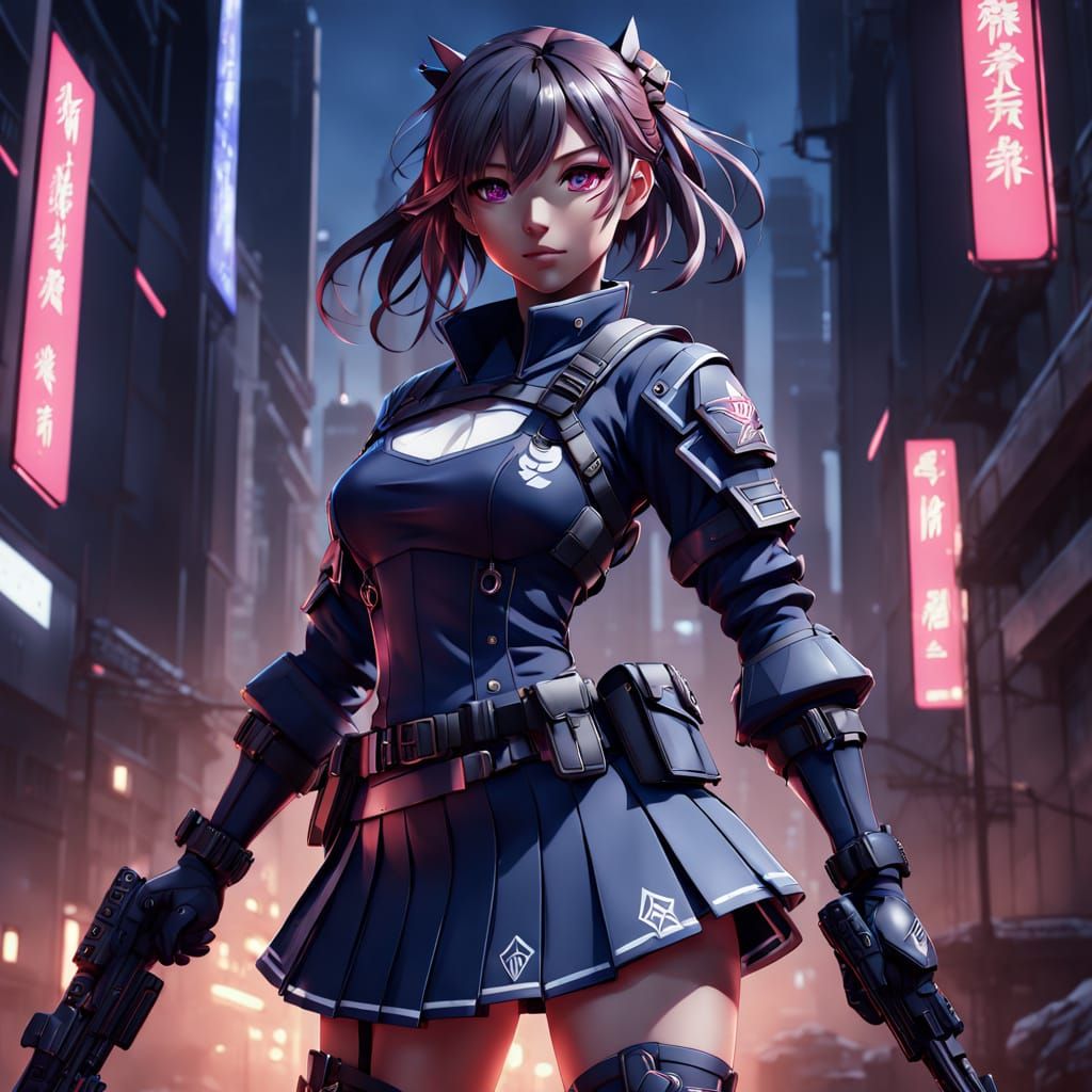 Magenta-Lit Magical Girl in Dark Urban Landscape