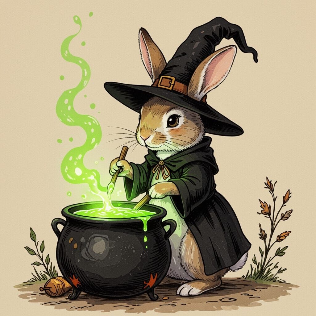 Rabbit Witch Brewing Potion in Whimsical Style
