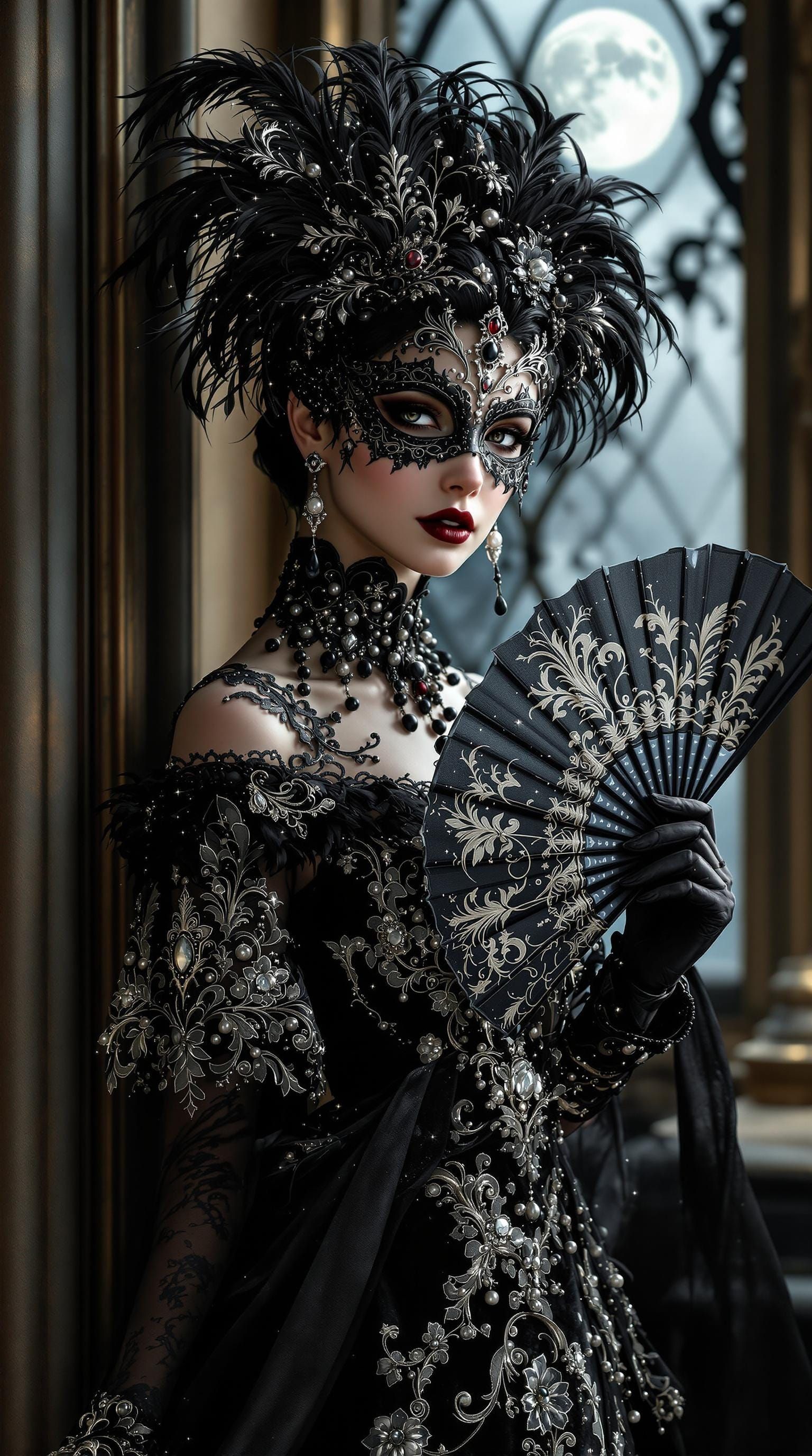 Elegant Woman in Black Lace and Jewels by Gothic Window