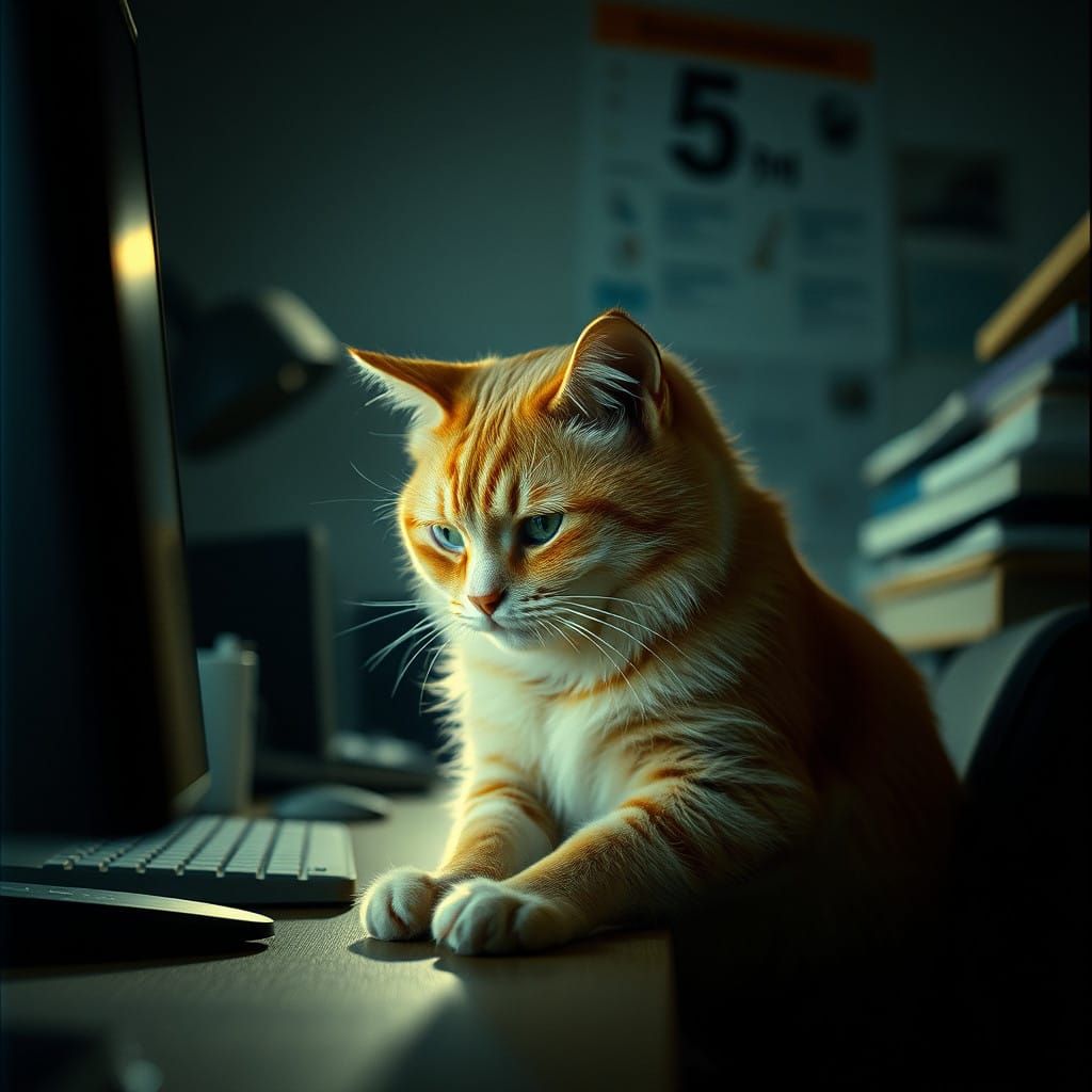 Whiskered Office Warrior Basks in Soft Computer Glow