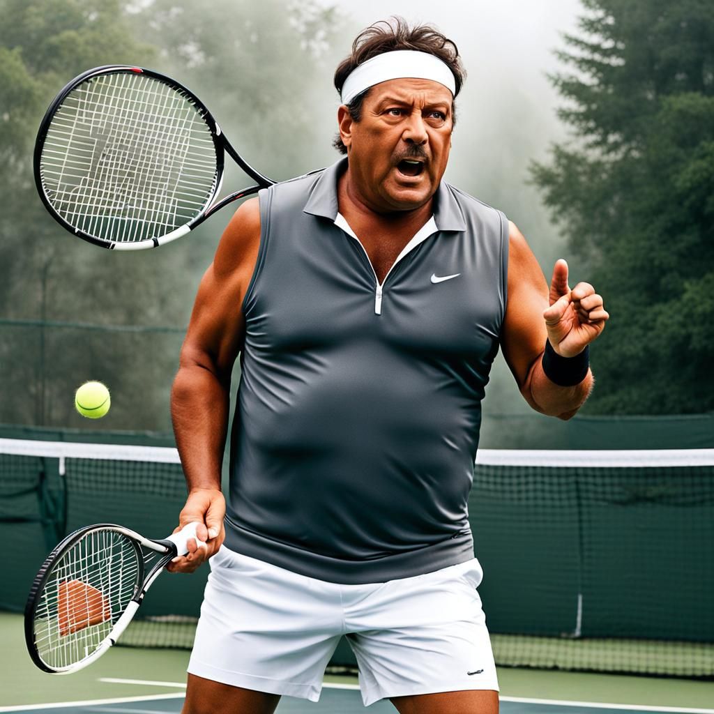 Comical Accountant on Foggy Tennis Court: 3D Digital Art