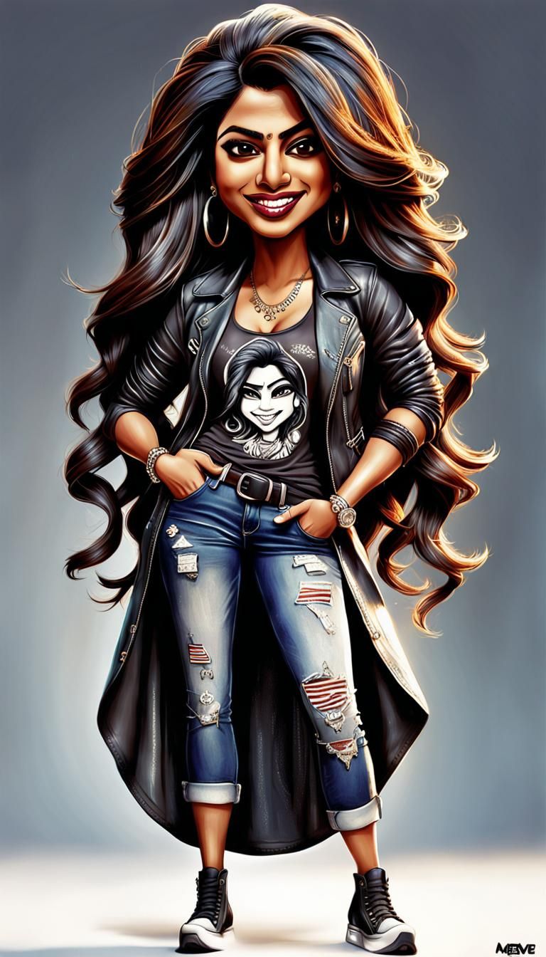 funny caricature, Priyanka Chopra, Grunge rocker outfit, Well -trained, photo realistic, smooth skin, young, swirly long...