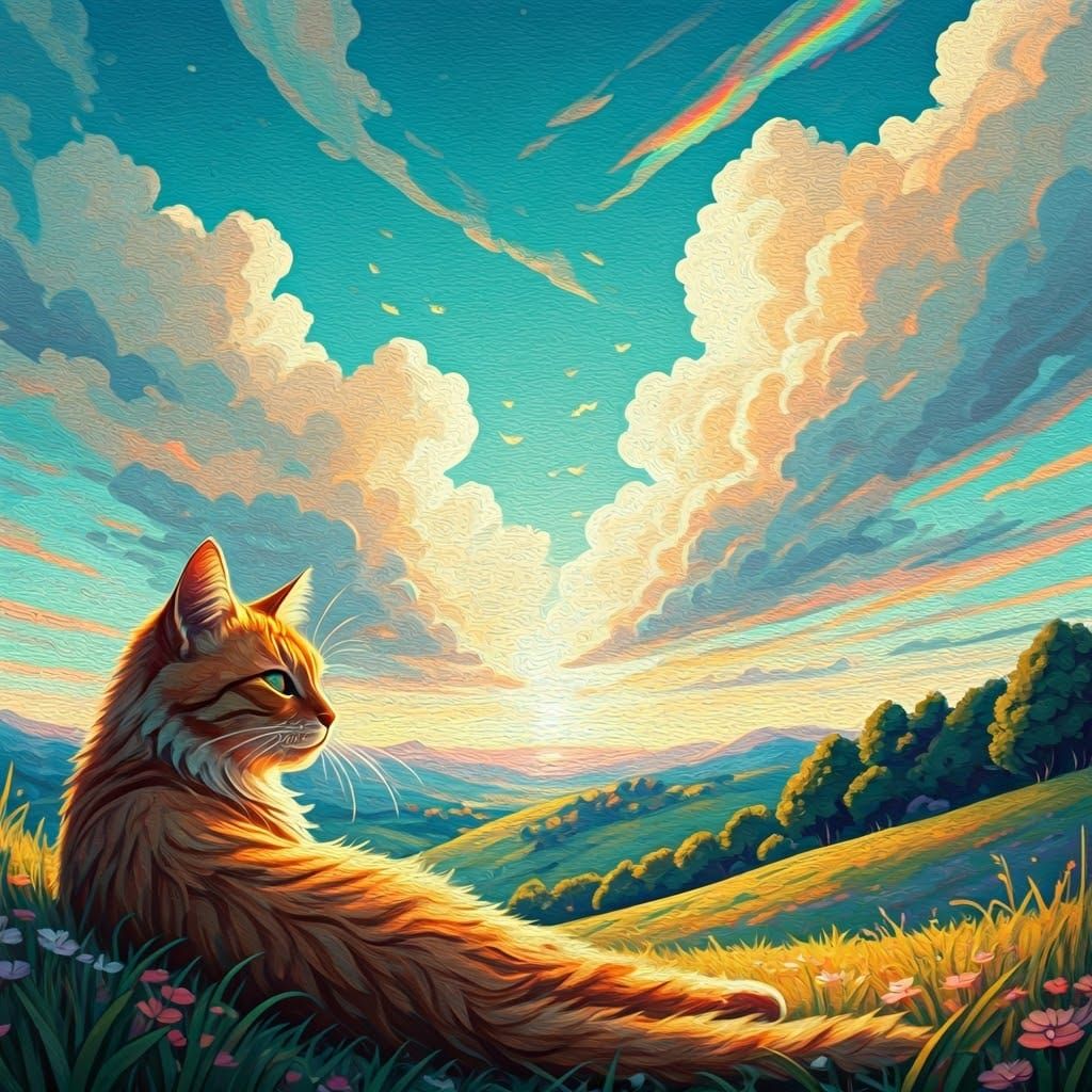 Emerald Feline in Dreamlike Post-Impressionist Landscape