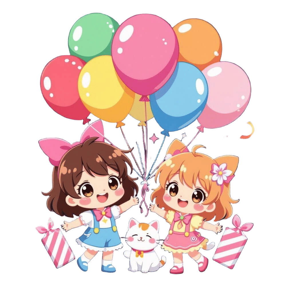 Cheerful Anime Characters with Balloons and Candy