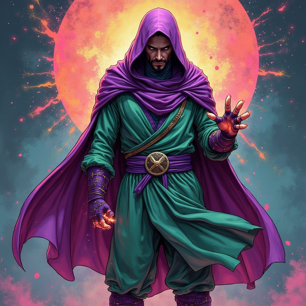 Psychedelic Hooded Figure in Neon Cityscape