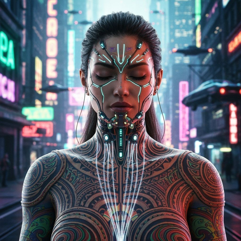 Cyberpunk Shamaness Meditates in Bioluminescent Forest