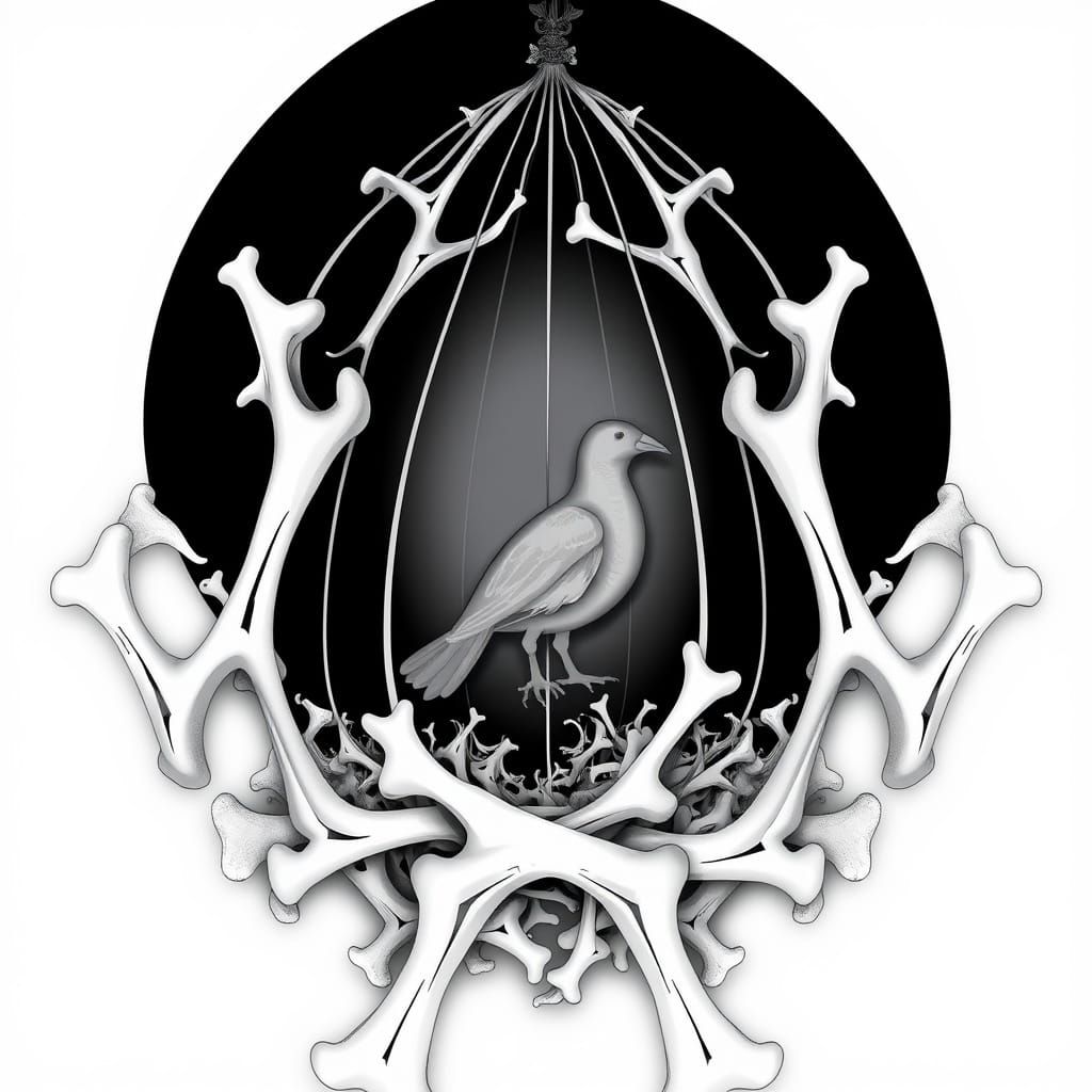 Abstract Bone Birdcage with Bird Silhouette in Zentangle Sty...