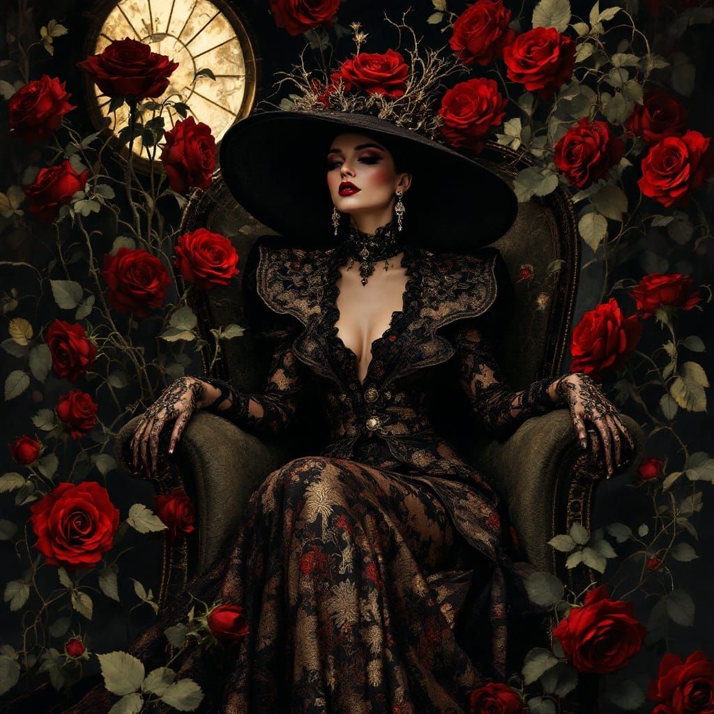 Elegant Lady in Velvet Roses, Inspired by Klimt and Lempicka