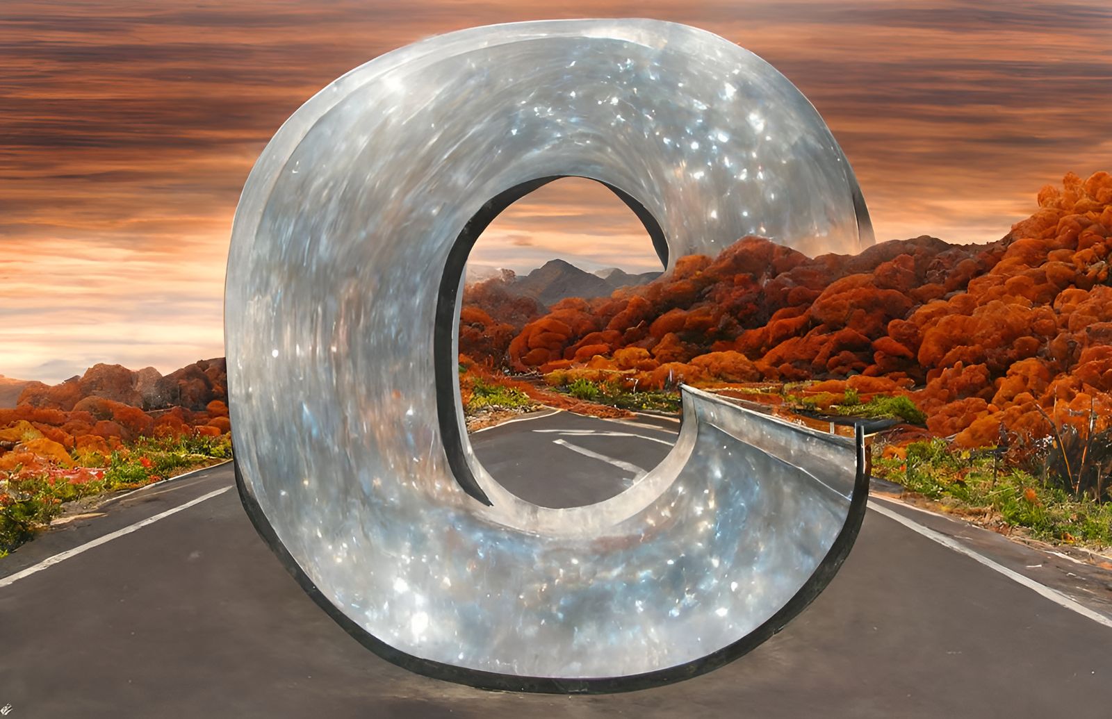 Metallic Letter C in Sci-Fi Landscape