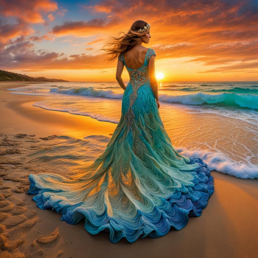 Sunset Seafoam Waves Form a Lady on the Beach