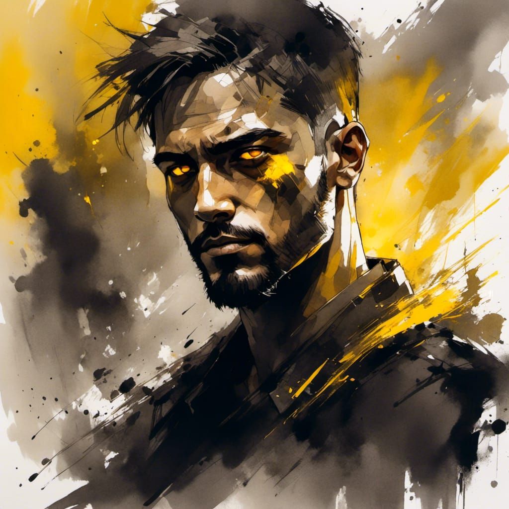 Intense Ink Sketch Portrait with Glowing Eyes