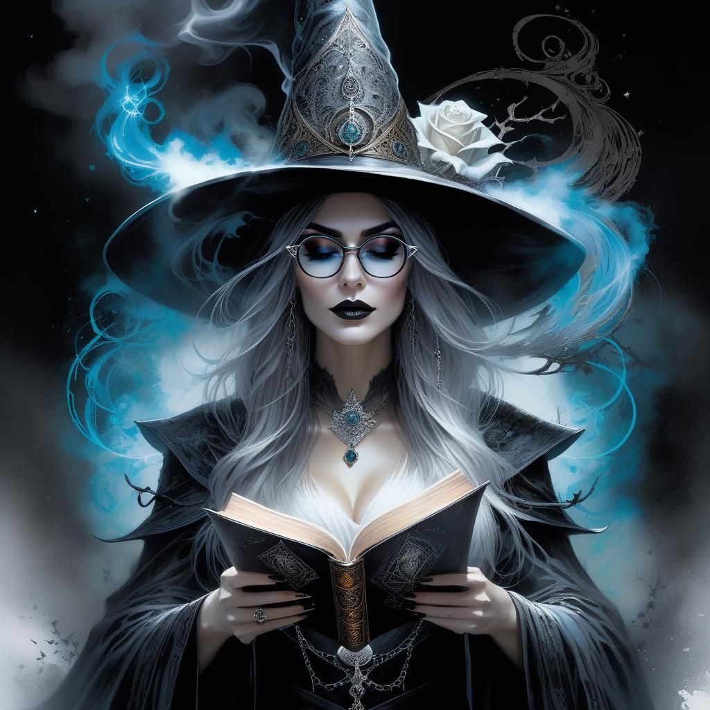Academic Gothic Witch Reading in Ethereal Library