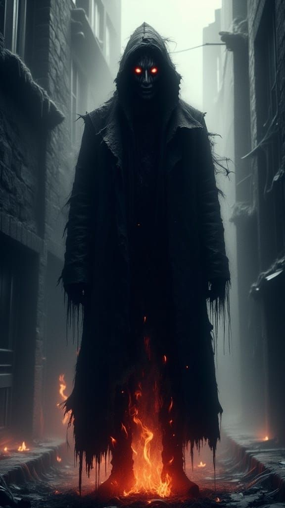 Androgynous Fiend Emerging from the Shadows in a Grimy, High...