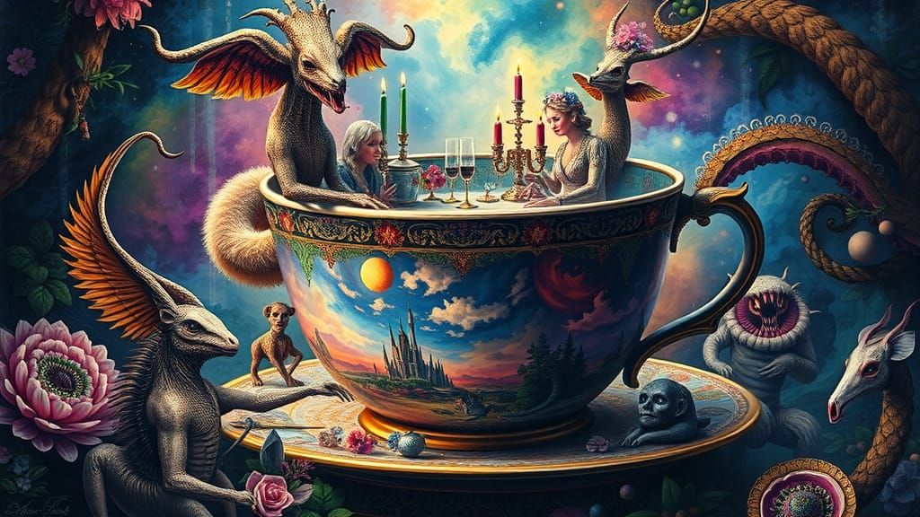 Surreal Mad Hatter Tea Party in Ornate Teacup