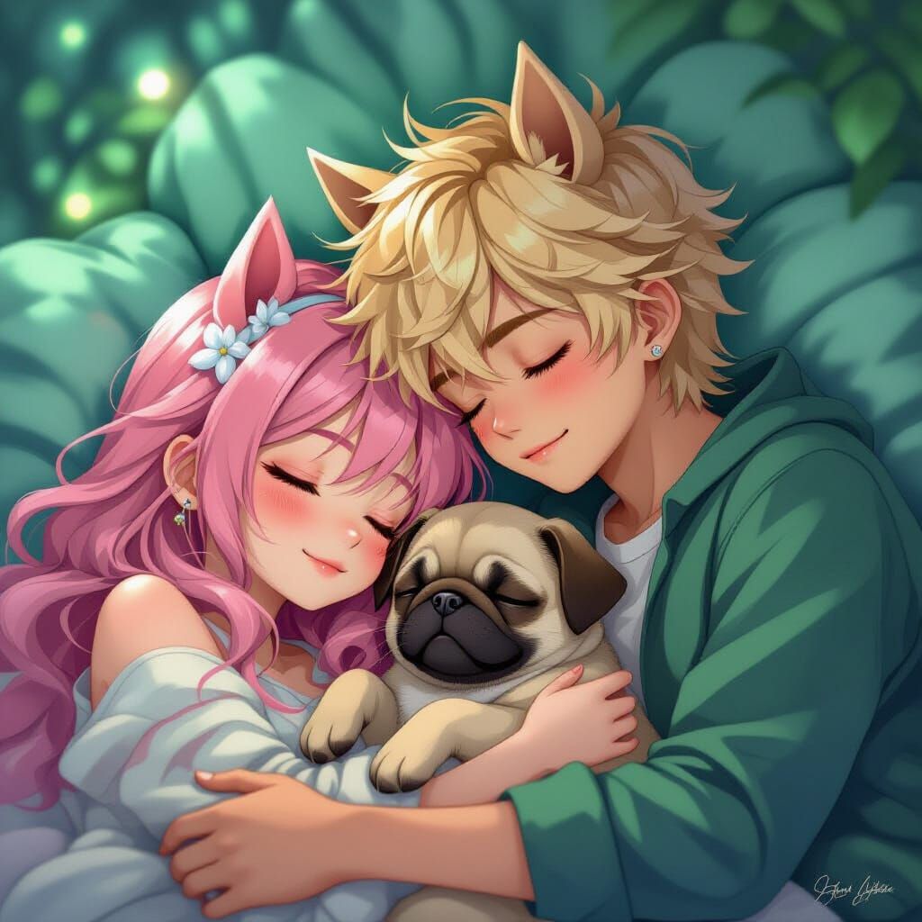 Anime Couple Sleeping with Pug, Mystical Lighting