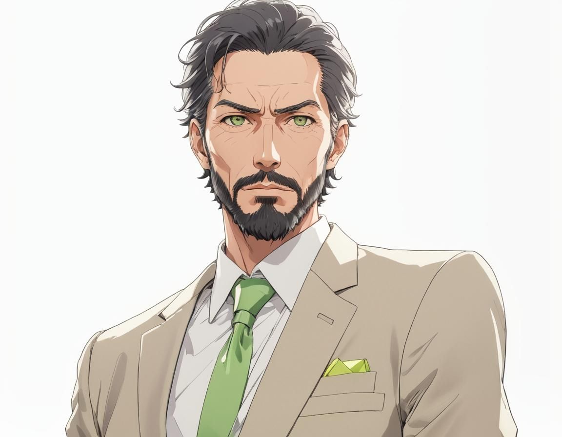 Handsome Older Anime Man in Suit, Realistic Style