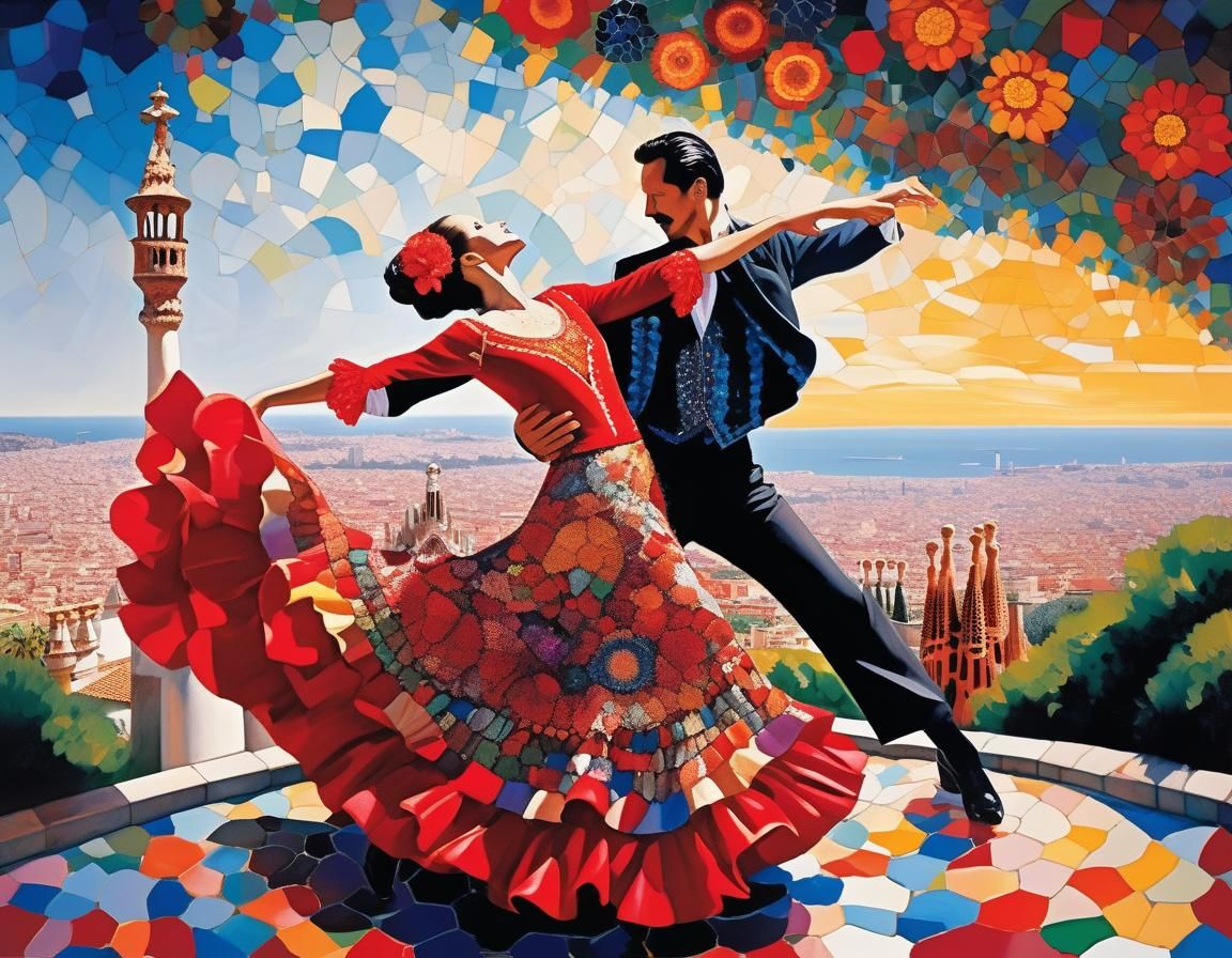 Flamenco Dancers Above Park Güell in Anime Style