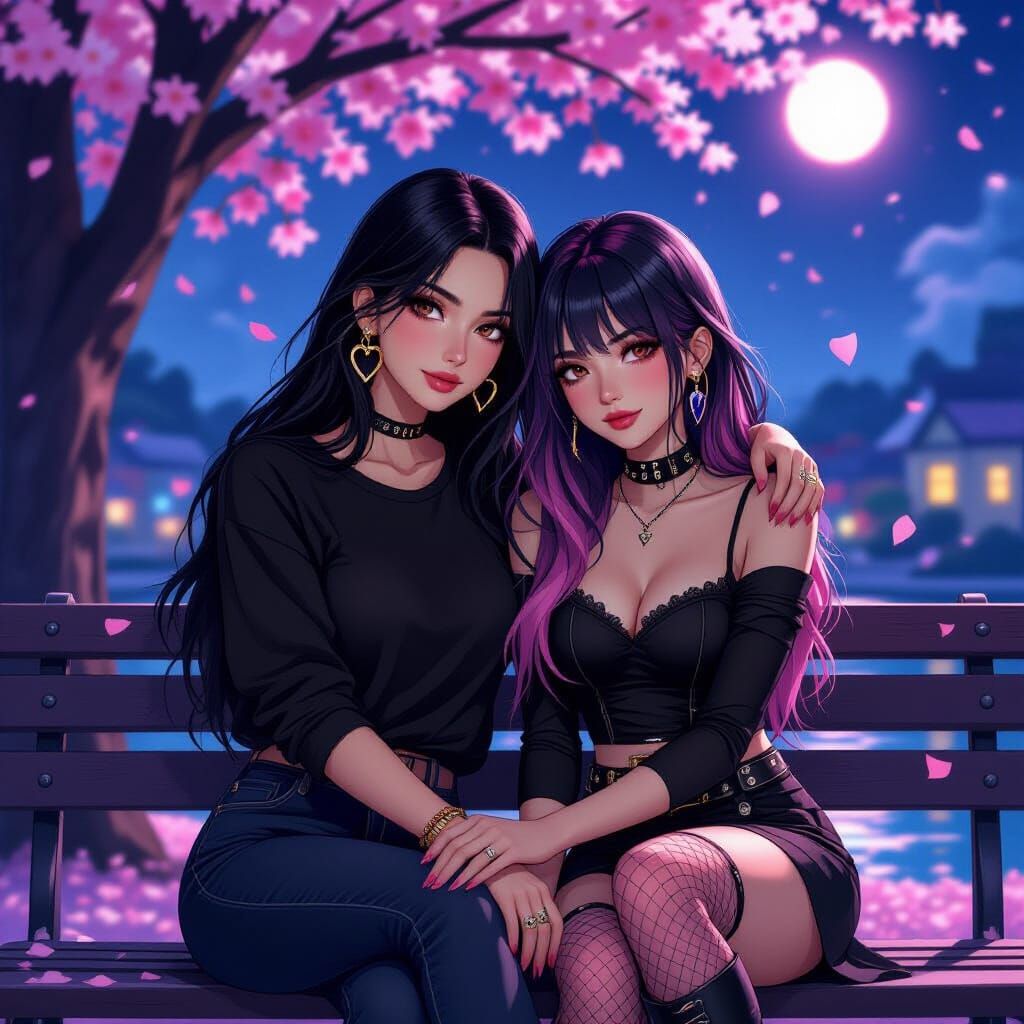Two Women Under Cherry Blossoms in Vibrant Style