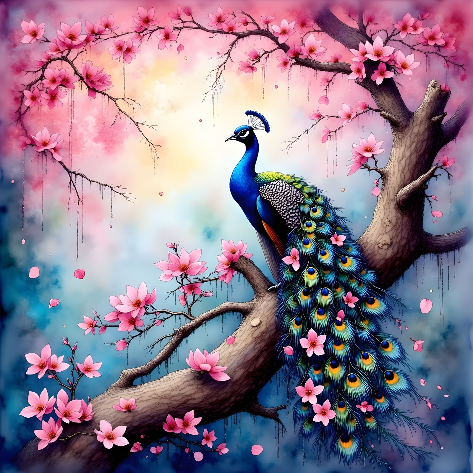 Majestic Peacock in Pink Cherry Blossom Haven