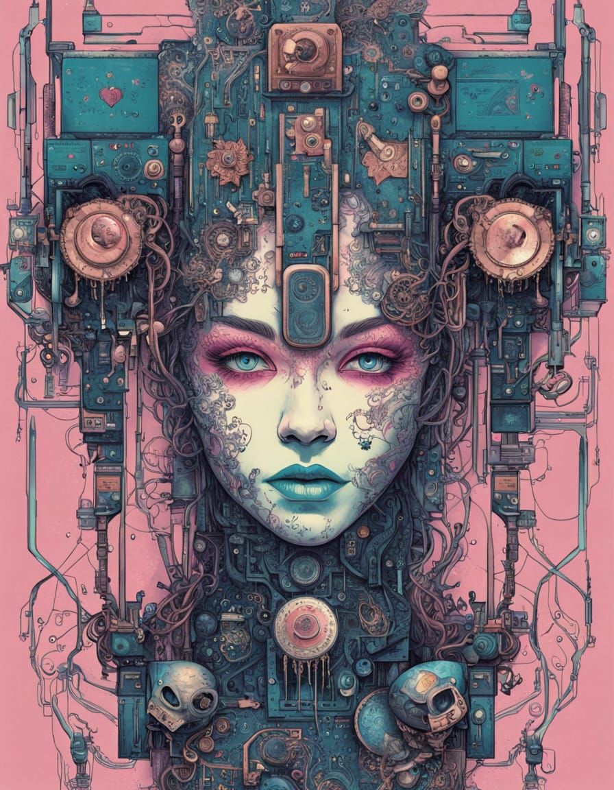 Cybernetic Robot Portrait with Circuit Board Face and Neon N...