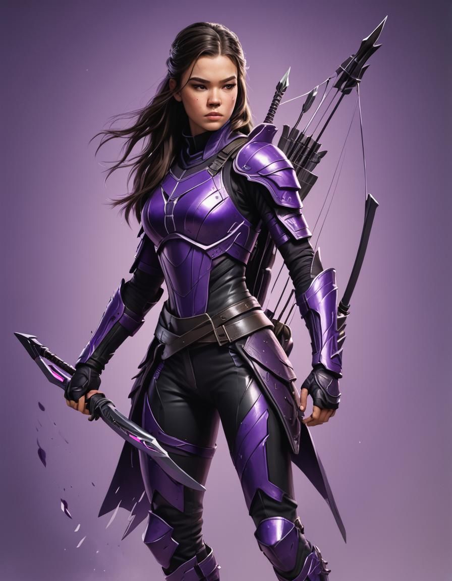 A teenage brunette girl resembling Hailee Steinfeld, clad in a purple and black ninja armor suit with quiver and arrows.
