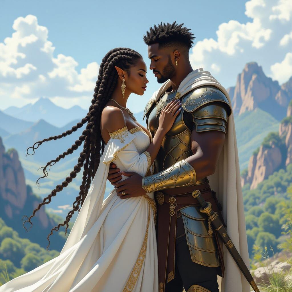 Elegant Elven Goddess and Warrior God Embrace