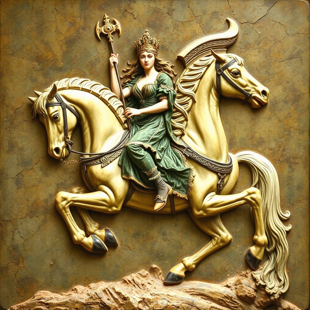 Celtic Princess Riding Horse with Mystical Symbols