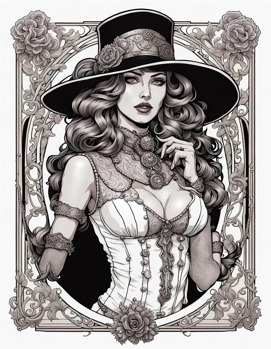 Steampunk Gunslinger Girl in Dark Fantasy Line Art