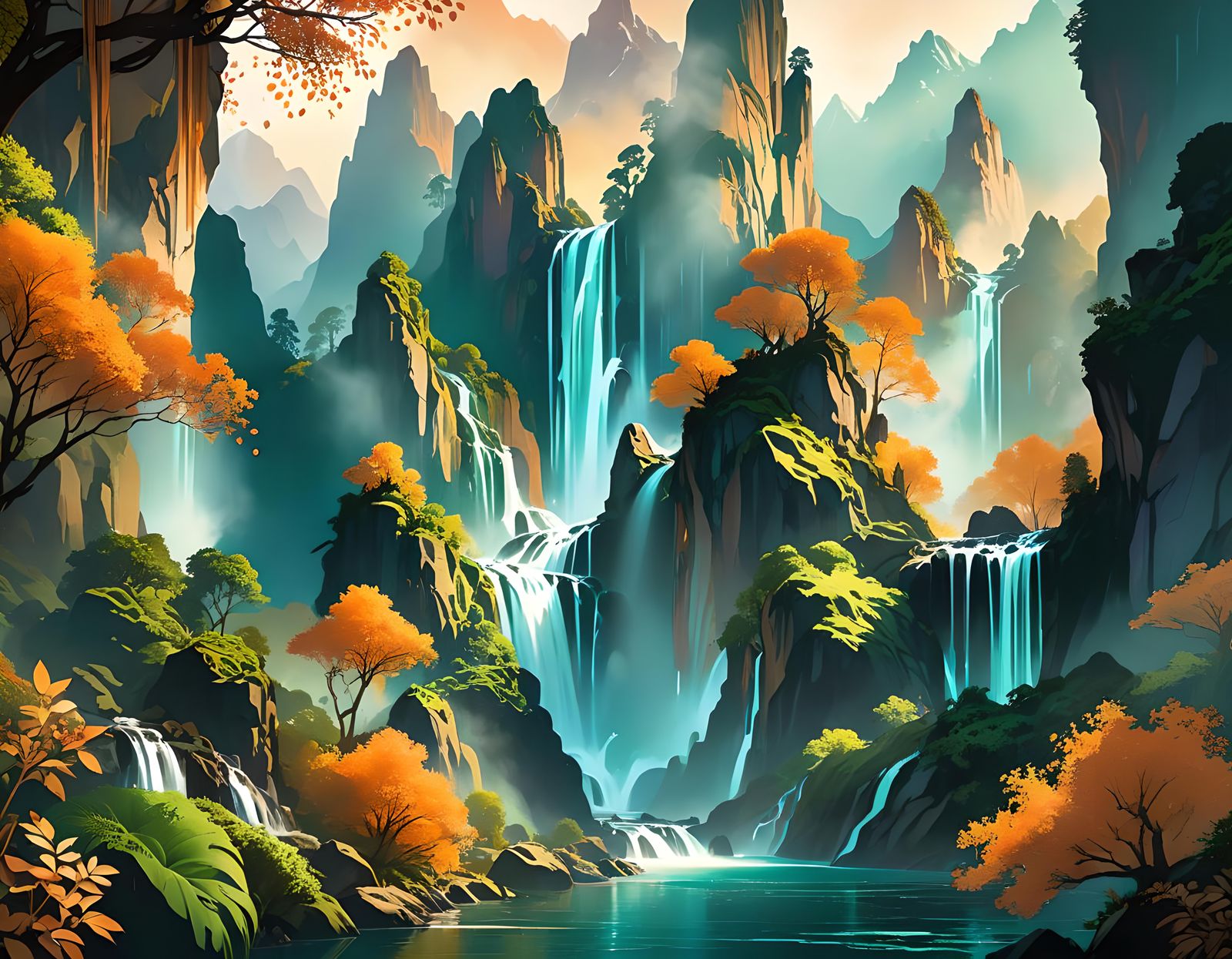 Hyperdetailed Waterfall Landscape Concept Art
