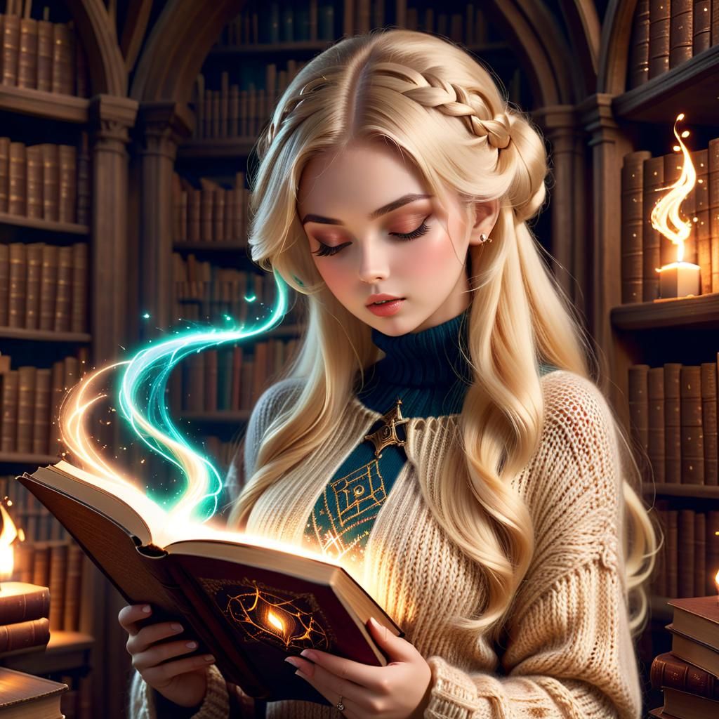 Woman Reading Grimoire in Wizard's Library