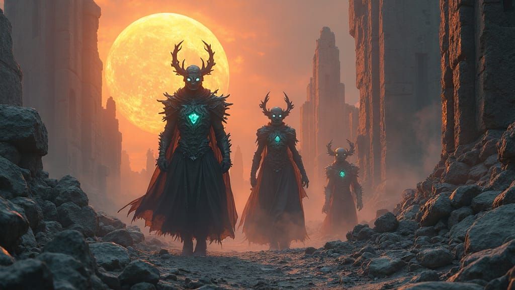 Glowing Mythic-Fantasy Bonecasters in a Shattered Warrenscap...