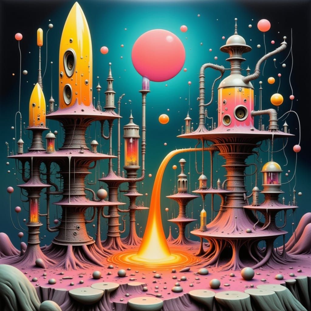 Cyberpunk Industrial Landscape with Fuzzy Aliens