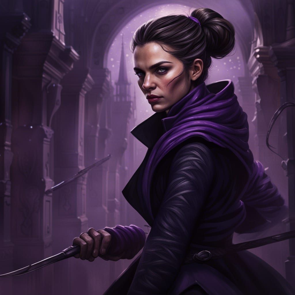 Woman Assassin in Purple Coat: Fantasy Art