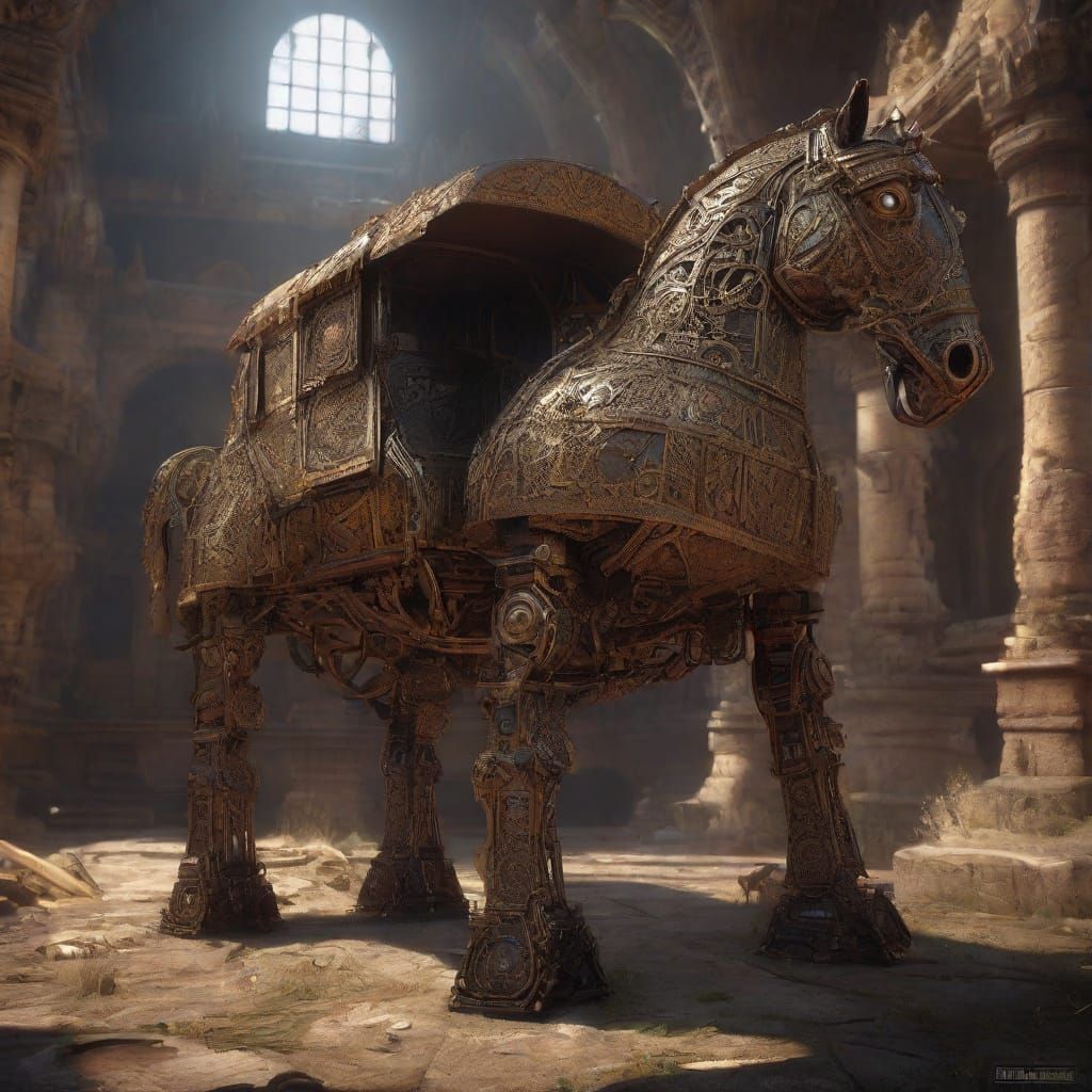 Intricately Designed Steampunk Trojan Horse in Dark Fantasy