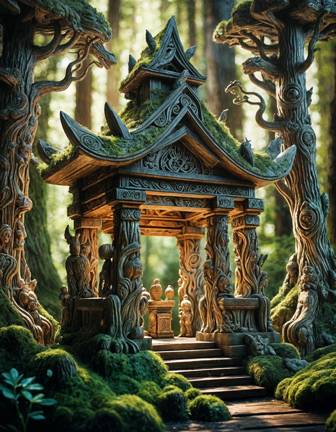 Mystical Wooden Forest Guardians Shrine in Wood Carving Styl...