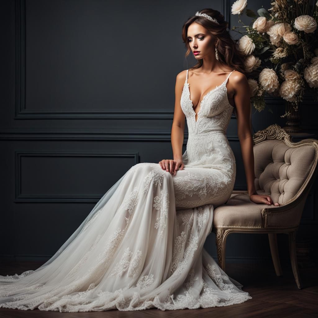 Melancholic Woman in Luxurious Wedding Gown