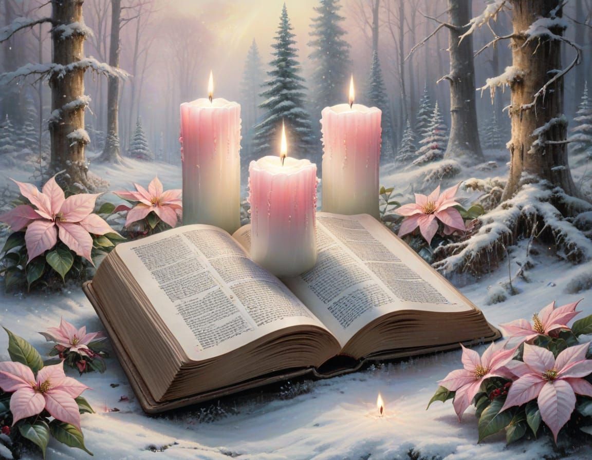 Ethereal Candles and Bible in Snowy Forest Clearing