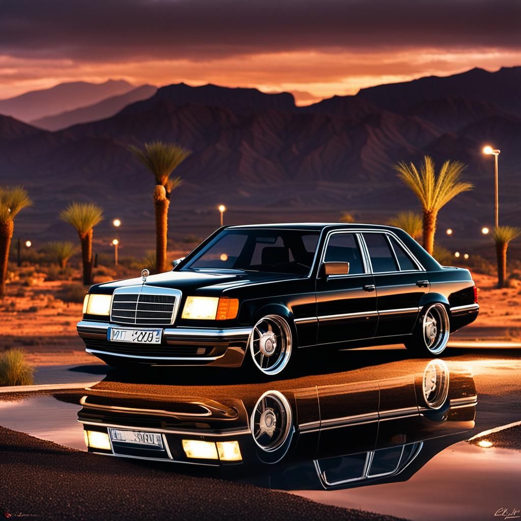 Lowrider Mercedes W124 at Desert Gas Station