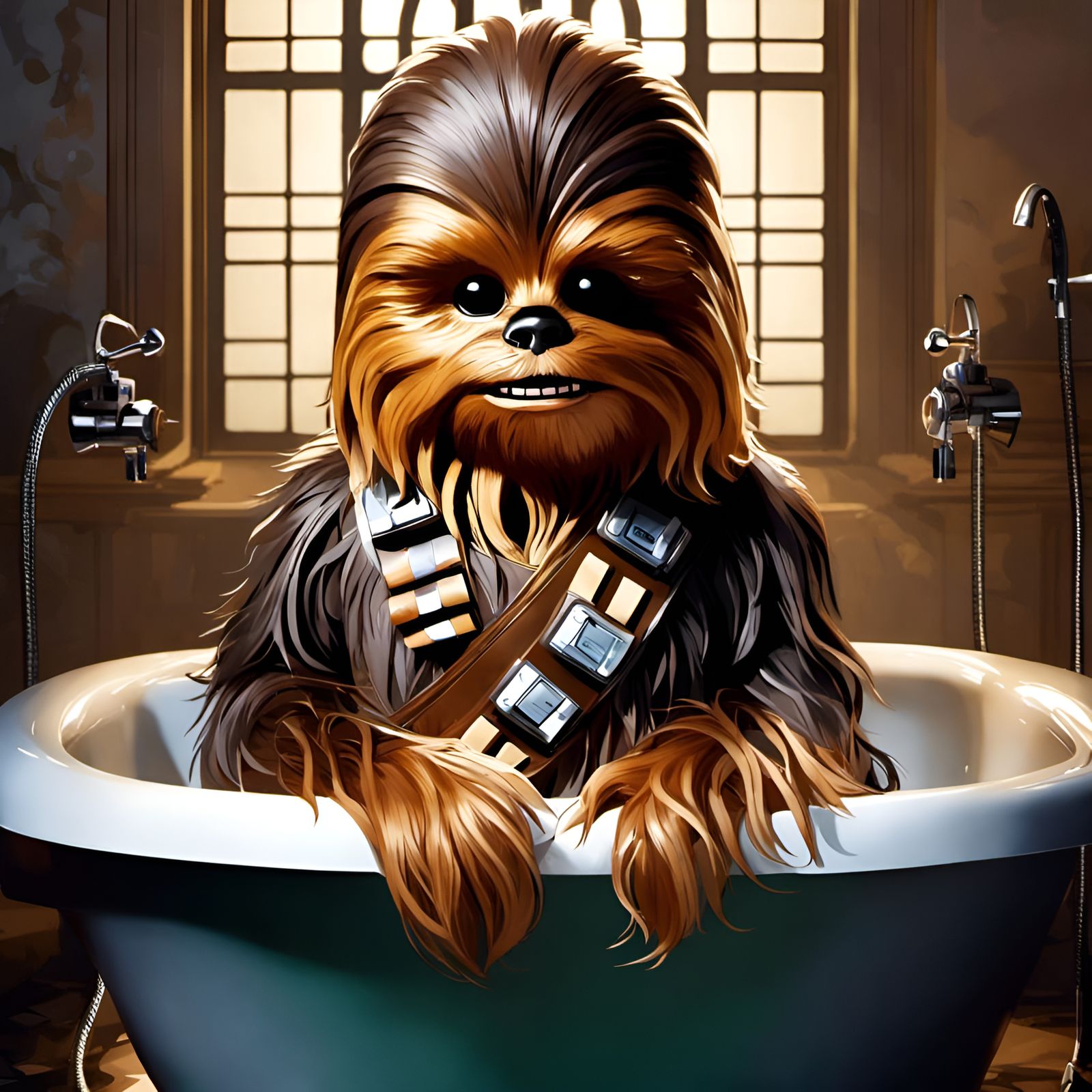 Chewbacca's Bathtime Portrait in Whimsical Digital Art