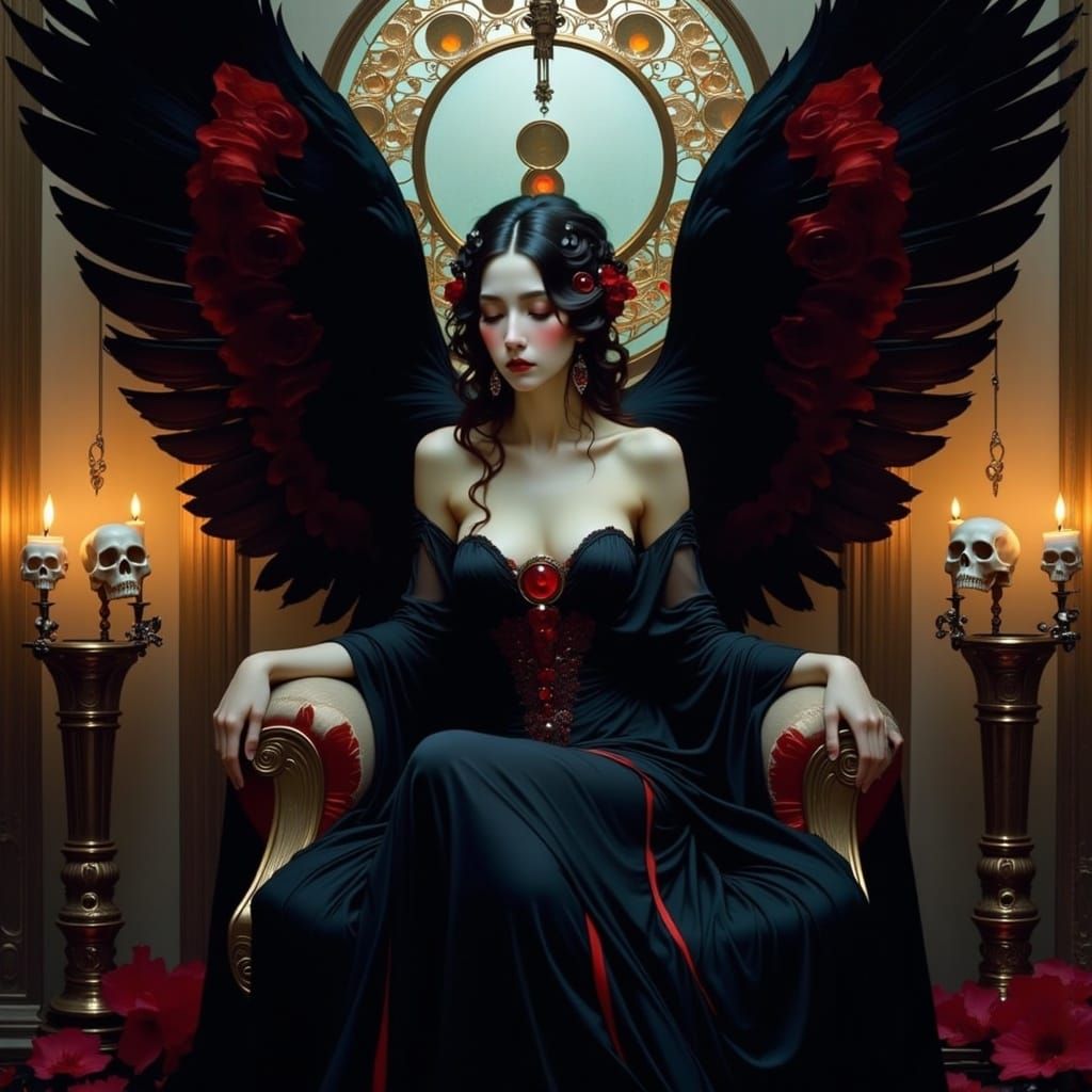 Gothic Queen Enthroned in Macabre Chamber