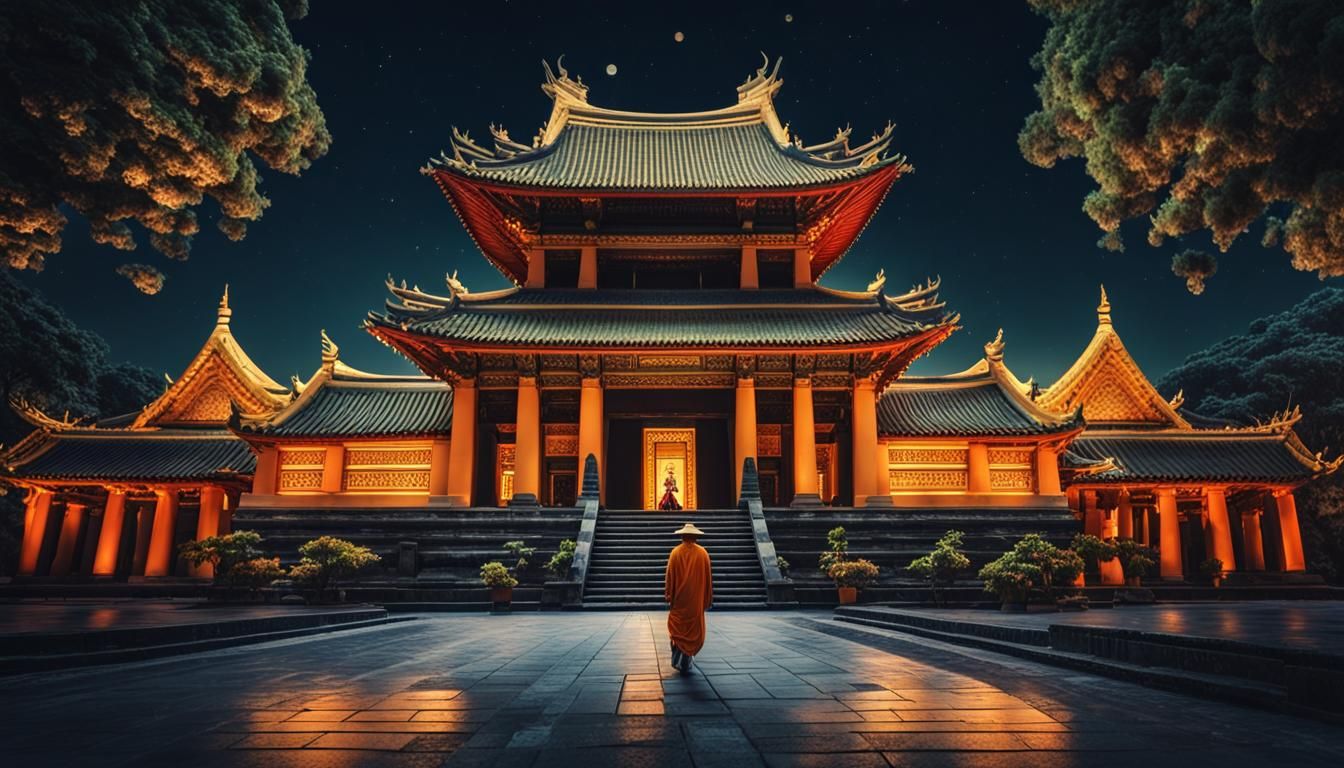Buddha Walking at Night: Hyperrealistic Temple Photo