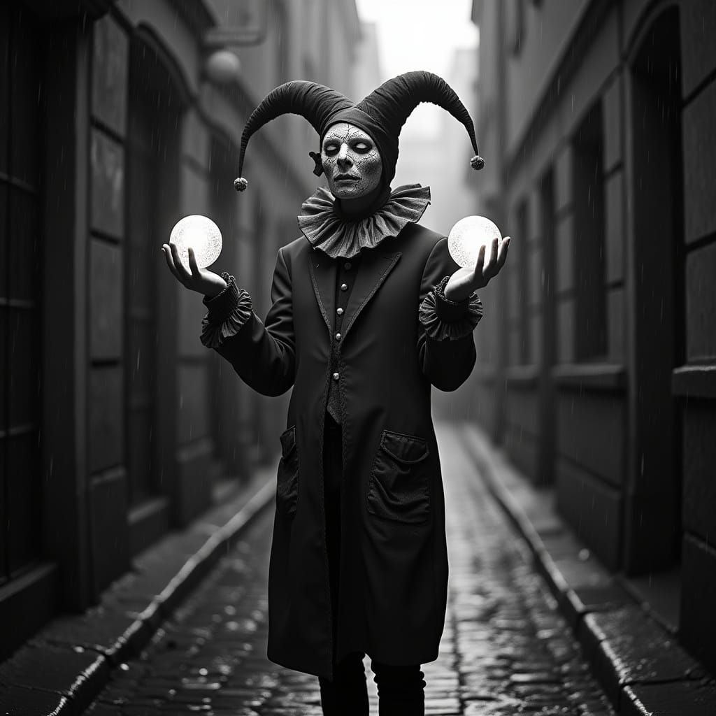 Jester Juggles Orbs in Noir Alleyway
