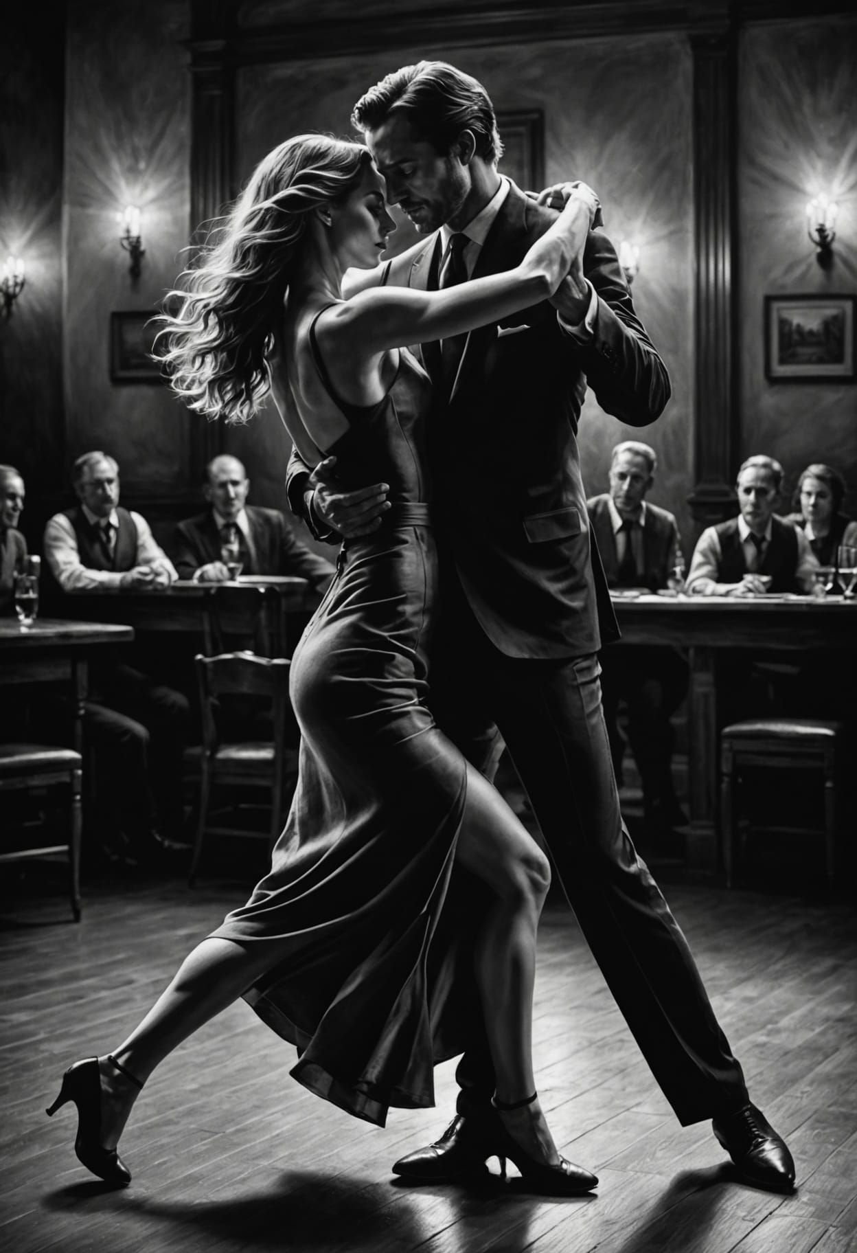Passionate Tango in Hyperrealistic Charcoal Drawing
