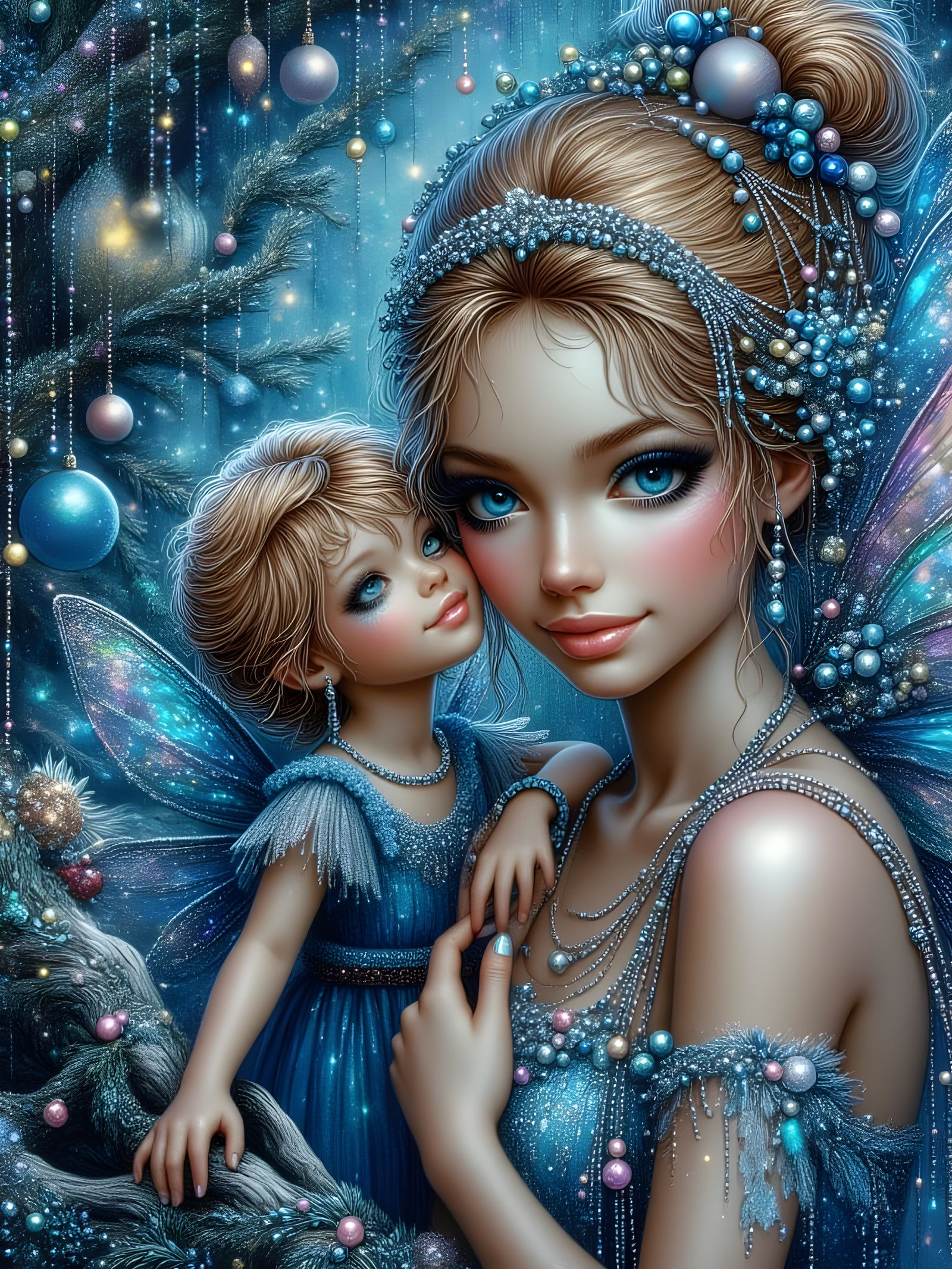 Cute Fairies by a Vibrant Christmas Tree