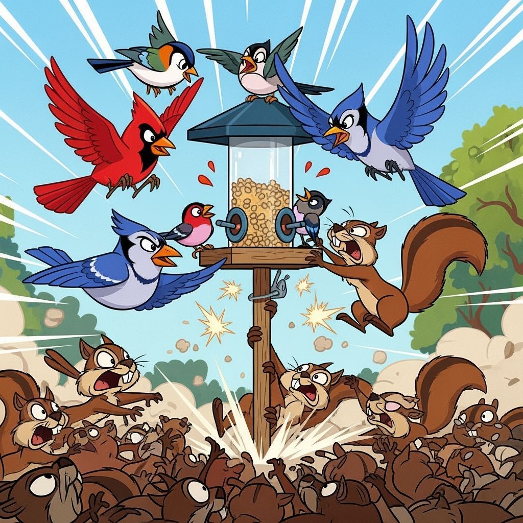 Chaotic Cartoon Battle: Birds vs Squirrels at Bird Feeder