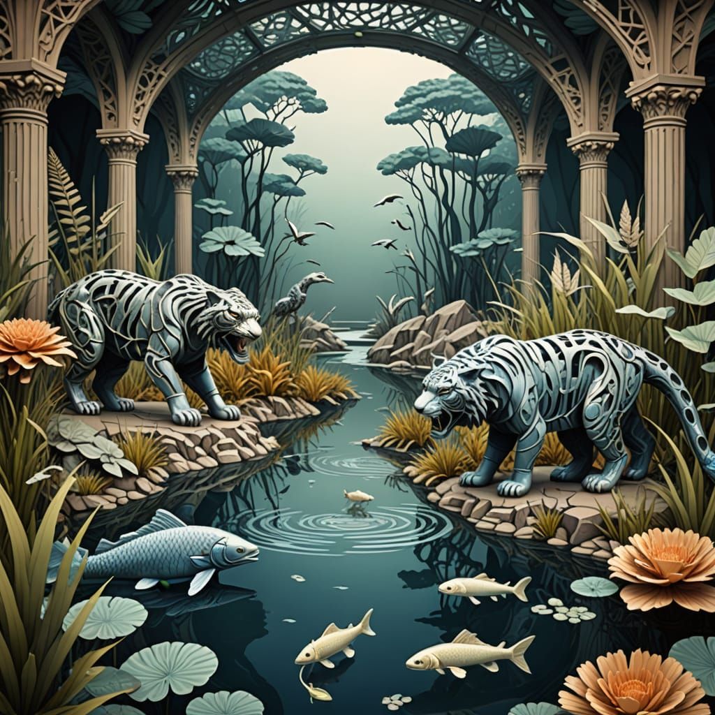 Chrome Predator's Pond with Tiger Statues