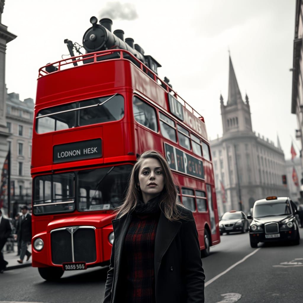 Surreal London Street Scene in Black, White, and Red